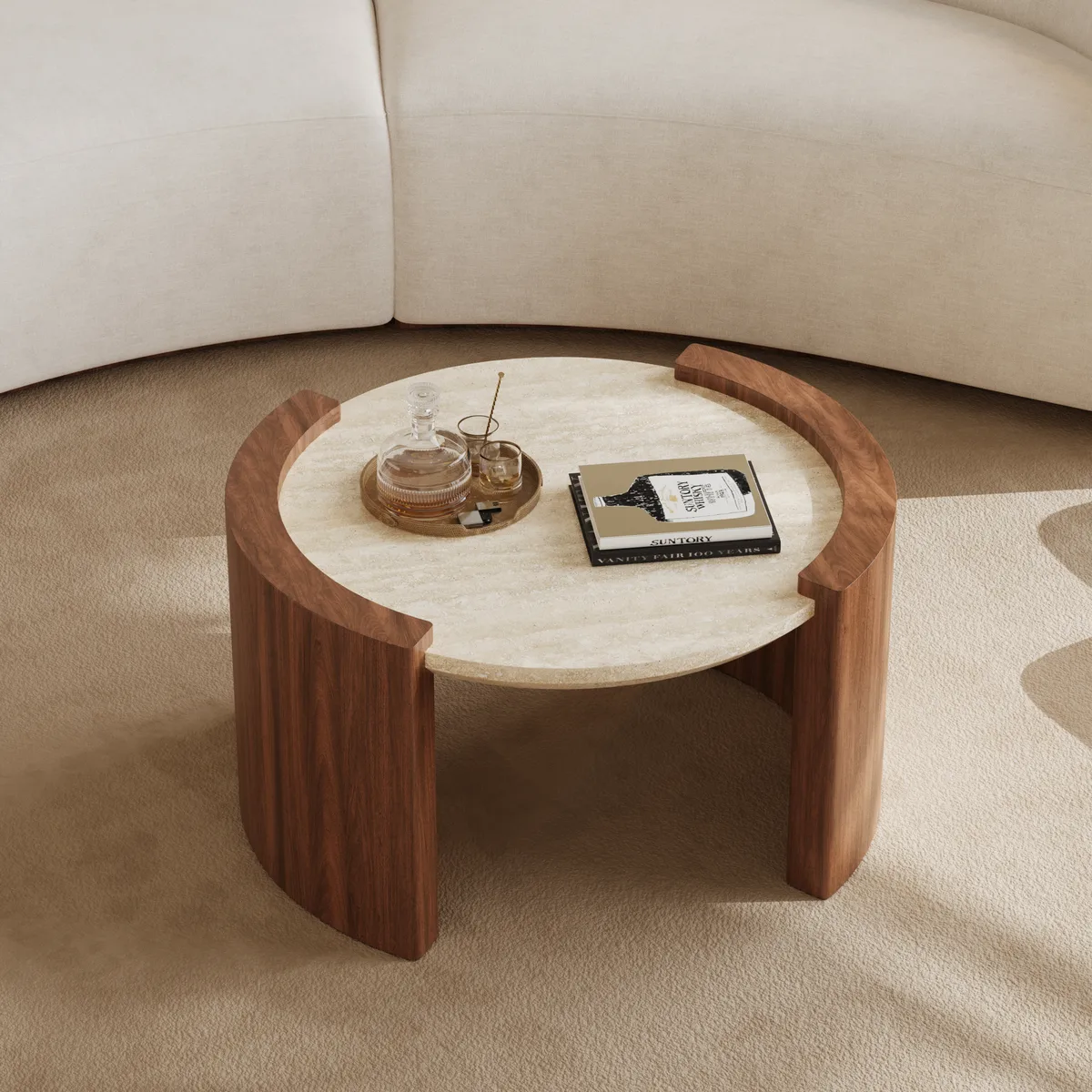 28" Walnut Round Coffee Table with Travertine Top — image 7