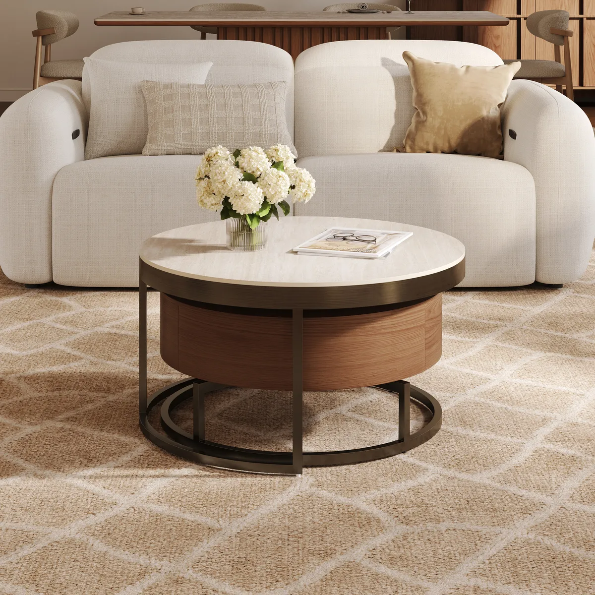 Nesnesis 28"-32" Round Nesting Walnut Coffee Table Set with Sintered Stone Top — image 5