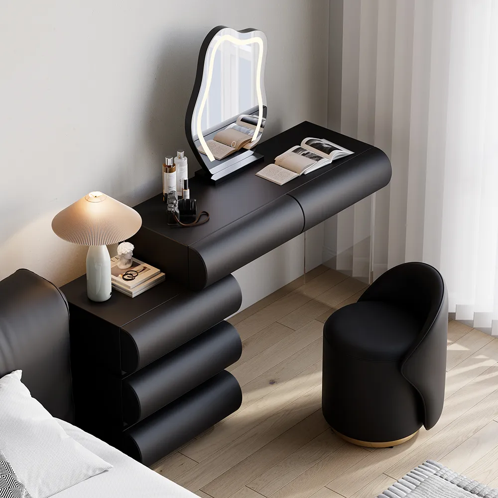 modern white PU leather dressing table set with stool and LED mirror — image 14