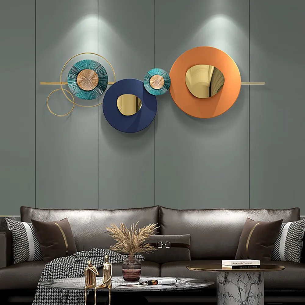 Modern Round Metal Wall Art 59" x 23" Geometric Decor in Orange & Gold & Blue Living Room — image 2