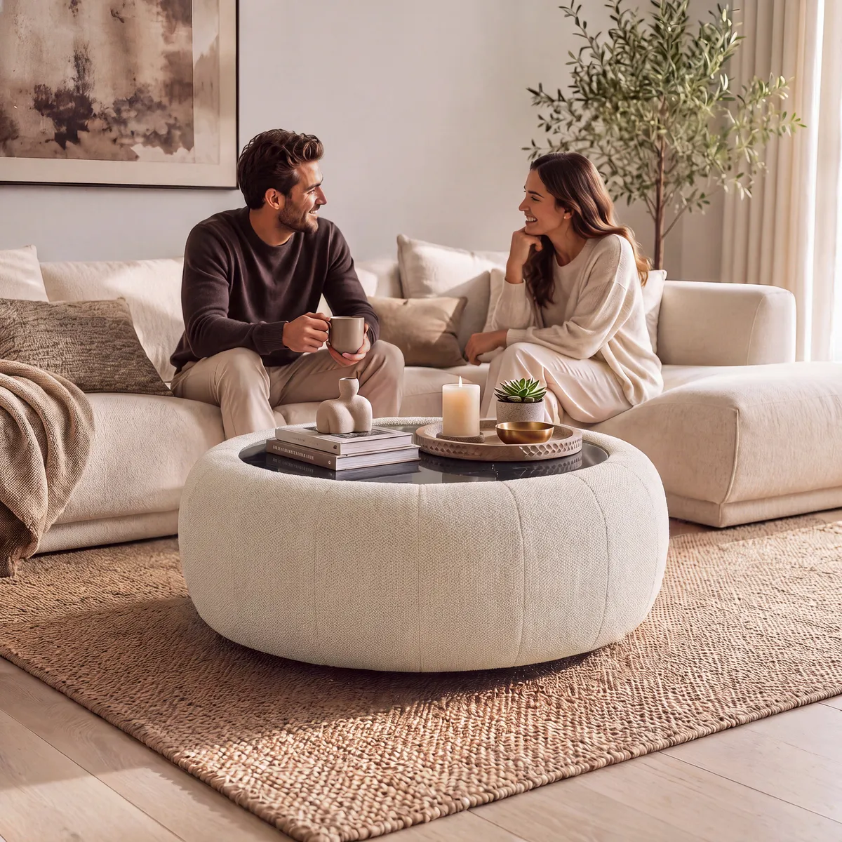 Modern 39" Round Performance Leather Ottoman Coffee Table with Hidden Storage — image 12