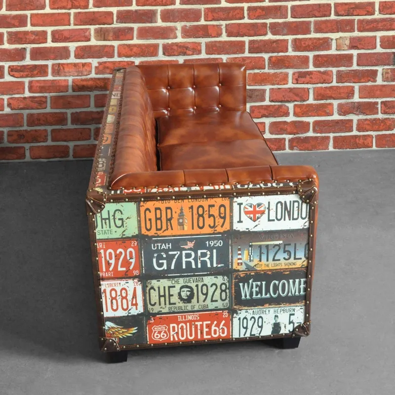 Vintage Industrial Loft 3-Seater Sofa Tufted Brown Faux Leather Upholstered Sofa — image 4