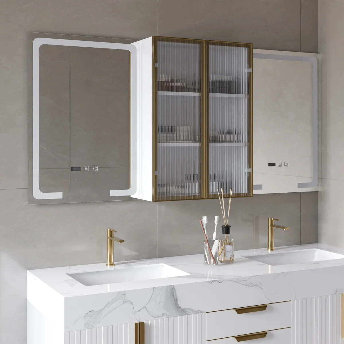 59" Double Sink Floating Vanity Set with LED Medicine Cabinet with Storage — image 5