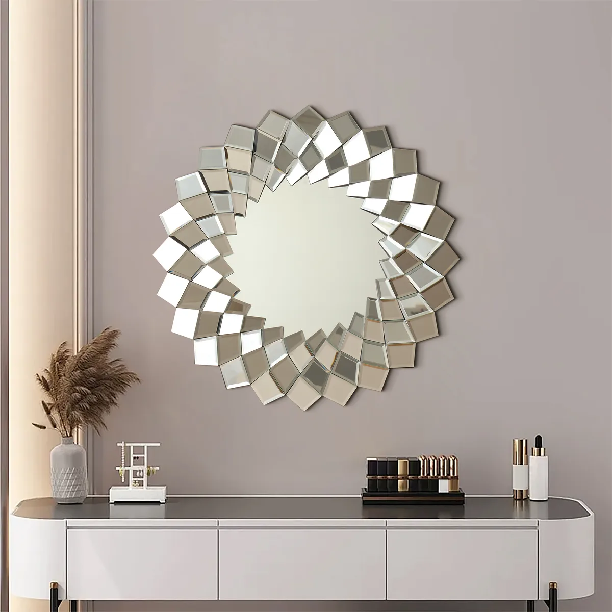 24" Diamond-Shaped Wall Mirror, Silver Round Decorative Mirror
