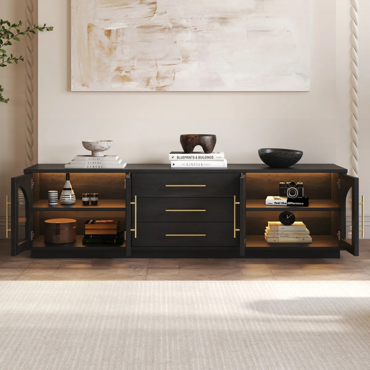 Arune 72" Arched Glass Doors Smoked Brown TV Stand with Storage and LED — image 23