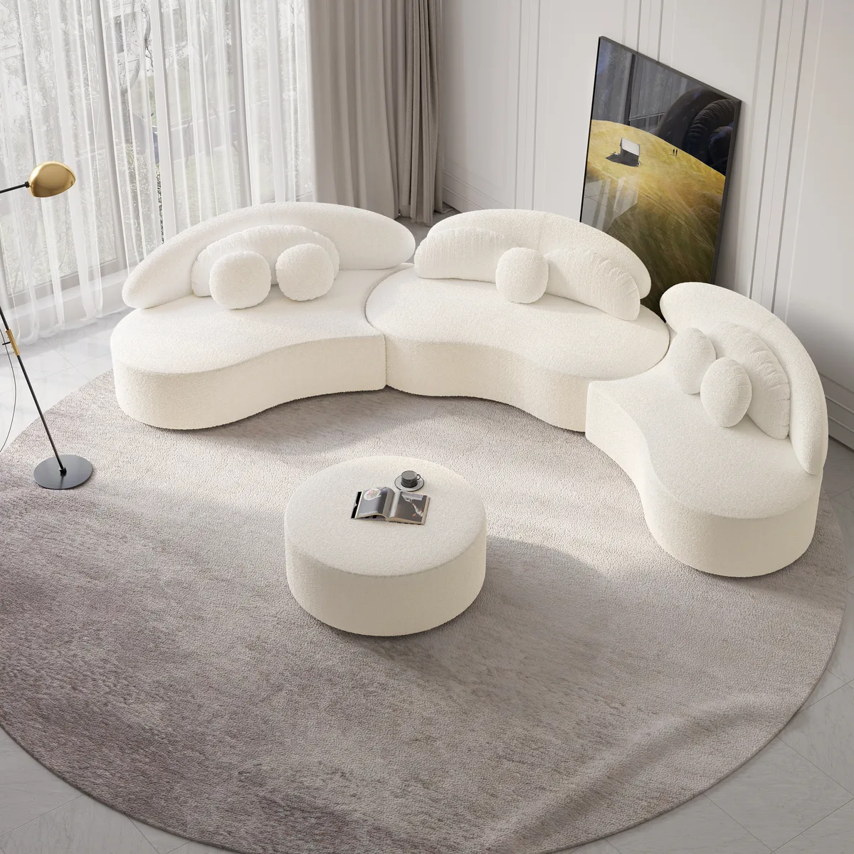 Modern 7 Seat Sectional Sofa Curved Modular Beige Velvet Upholstered with Ottoman — image 13