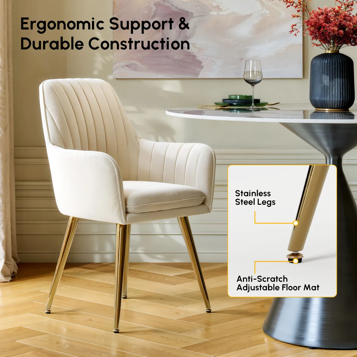Modern Warm White Velvet Dining Chair with Cushioned Seat — image 17