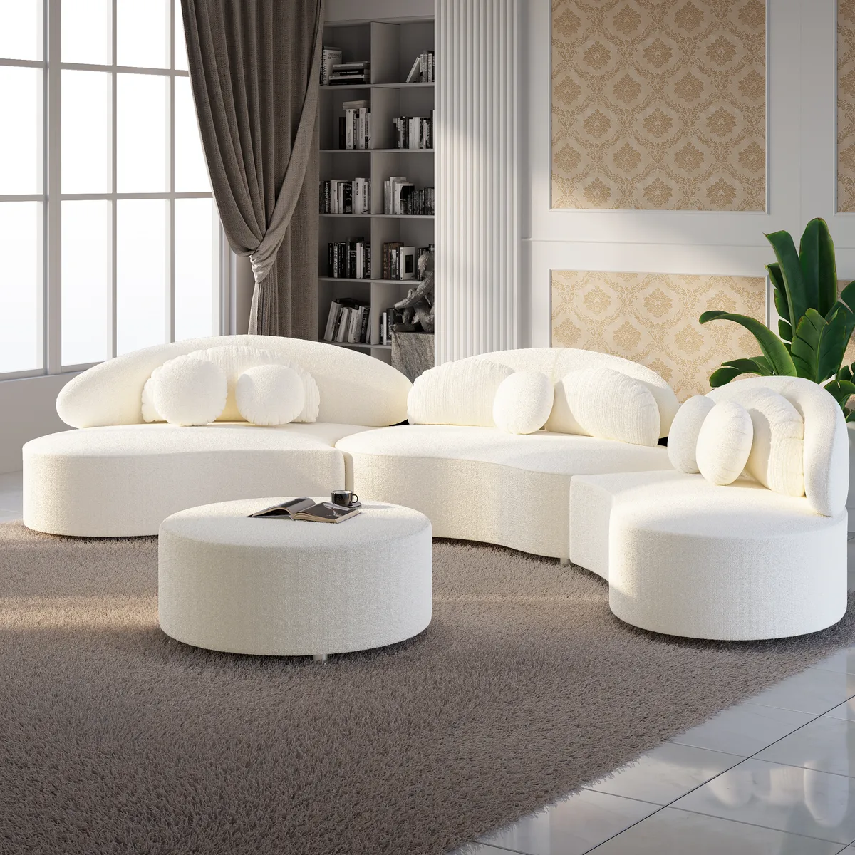 Modern 7 Seat Sectional Sofa Curved Modular Beige Velvet Upholstered with Ottoman — image 15