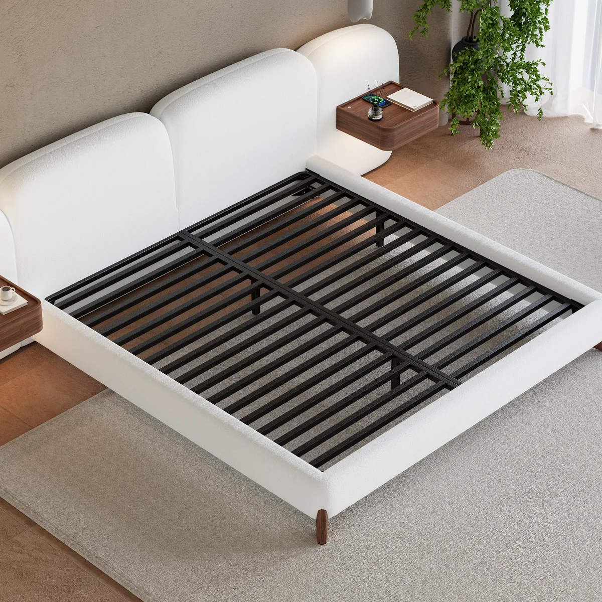 King Size Curva Boucle Upholstered Bed Frame with Extended Headboard & Floating Smart Nightstand Set — image 4
