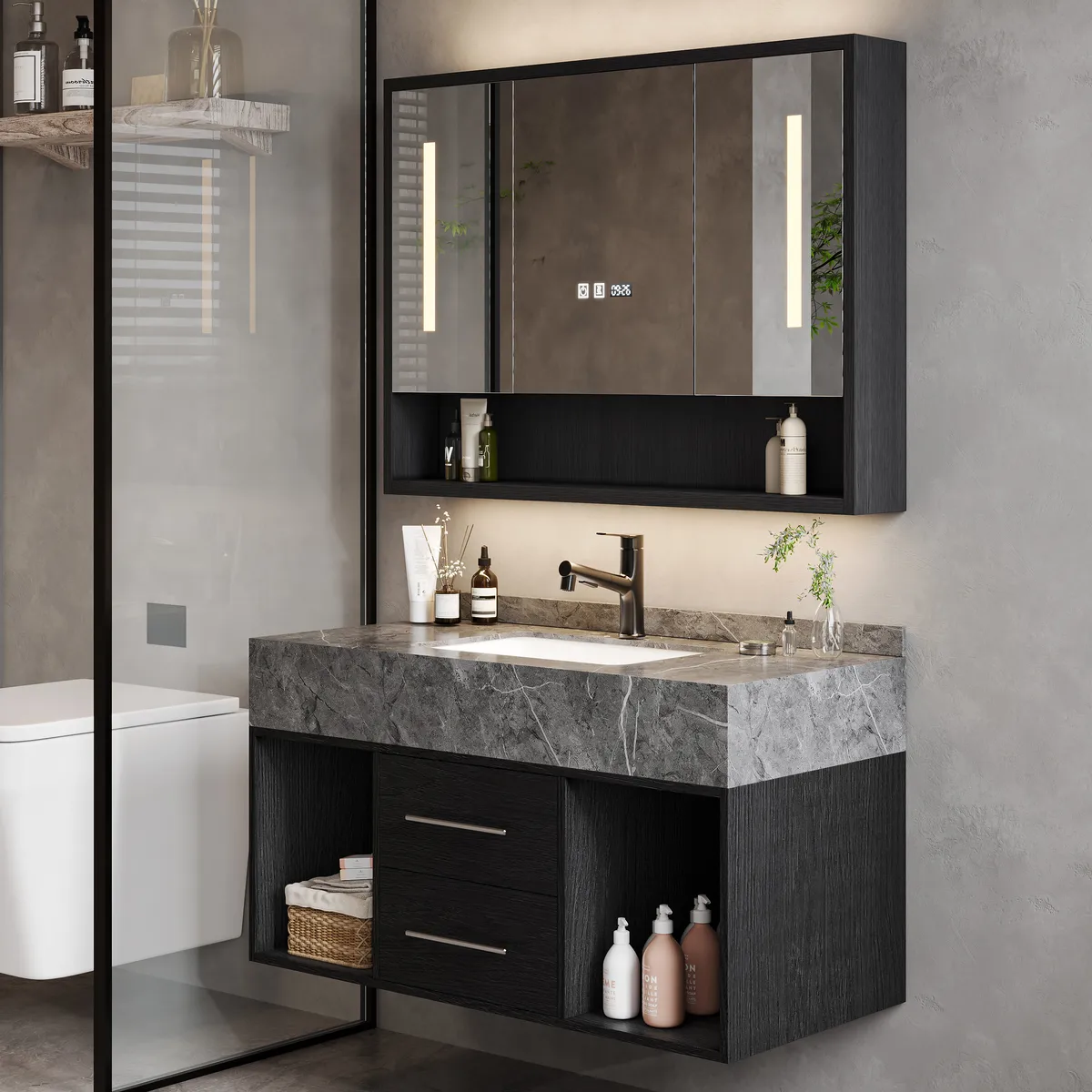 39" Black LED Medicine Cabinet with Adjustable Lighting, Demister & Digital Clock — image 8