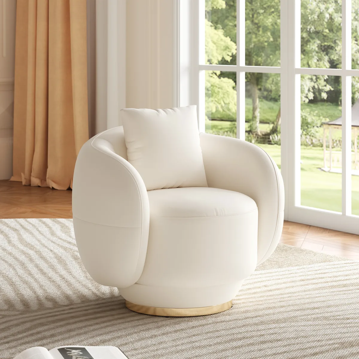 Swivel Barrel Accent Chair Faux Leather Armchair for Living Room in Warm White (35" Wide) — image 8