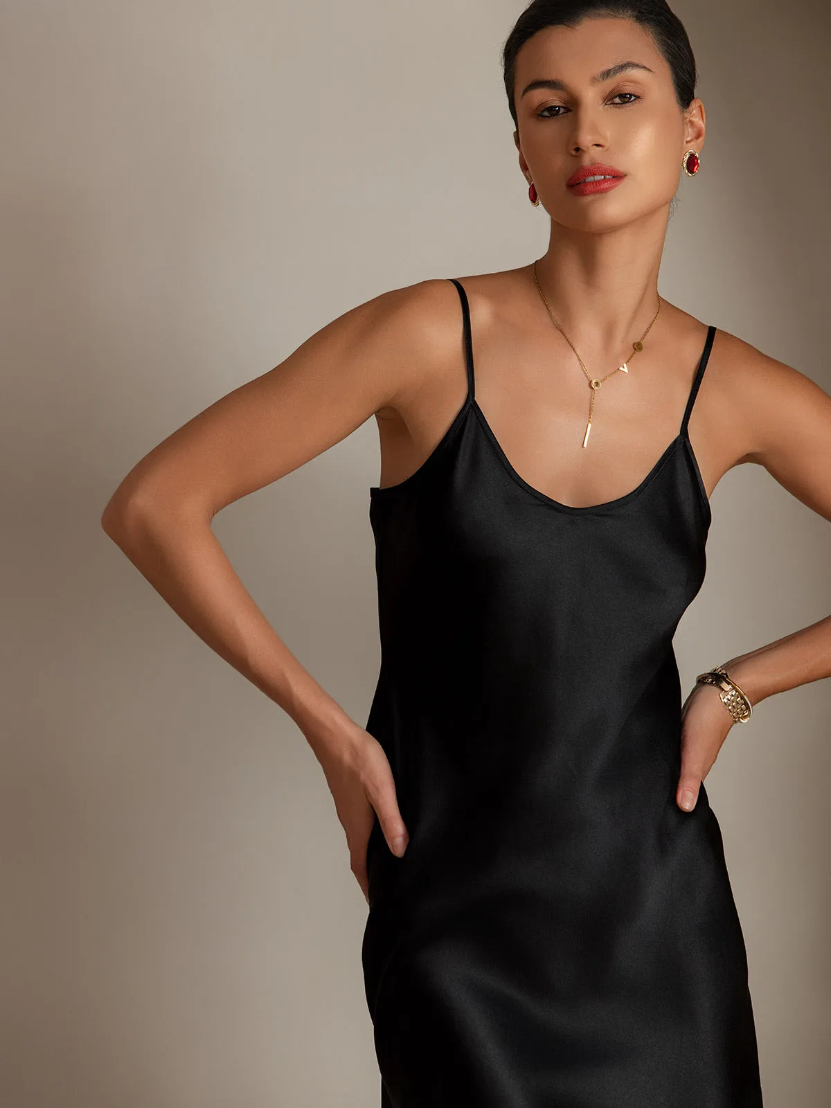100% Mulberry Silk Spaghetti Strap V Neck Short Dress — image 3