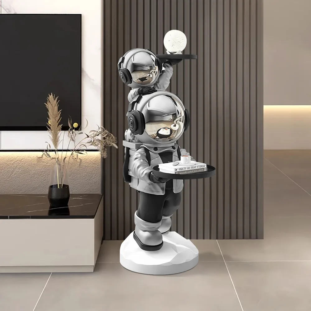 Silver Astronaut Side Table Floor Sculpture Modern End Table with Tray Top — image 7