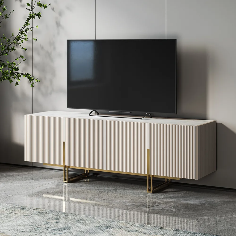 87" Stone Top Walnut TV Stand Minimalist Media Console with 4 Doors & 6 Shelves — image 12
