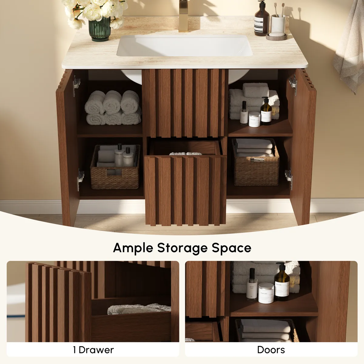 Aura 36" Bathroom Vanity with Light Ash Wood Slatted Panels Faux Travertine Top — image 7