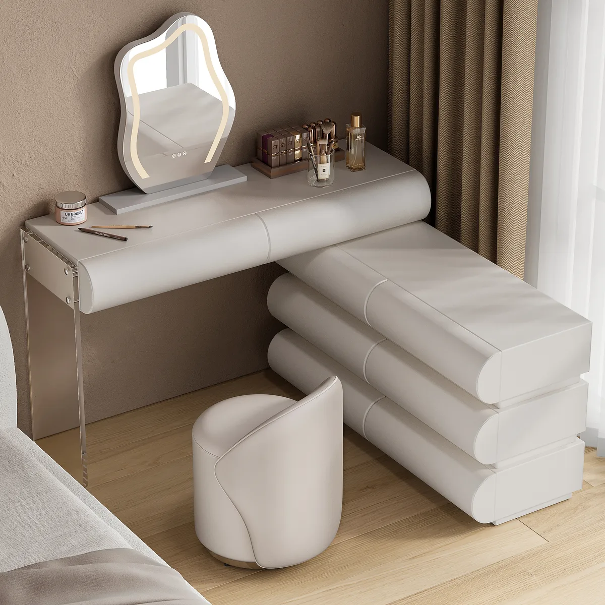 modern white PU leather dressing table set with stool and LED mirror — image 22