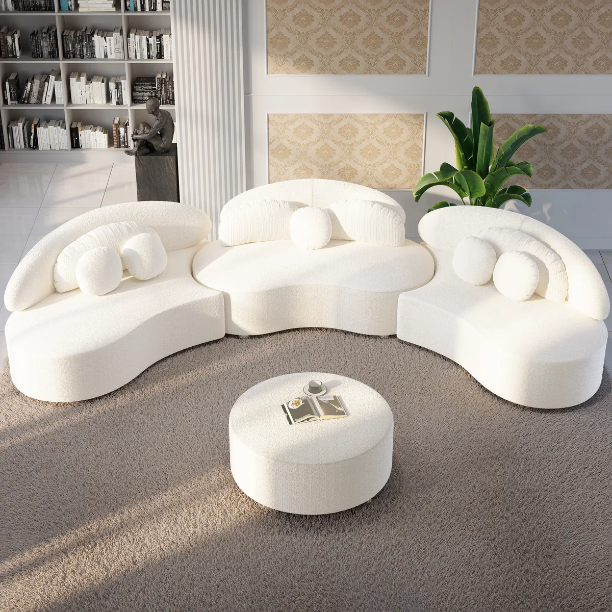 Modern 7 Seat Sectional Sofa Curved Modular Beige Velvet Upholstered with Ottoman — image 17