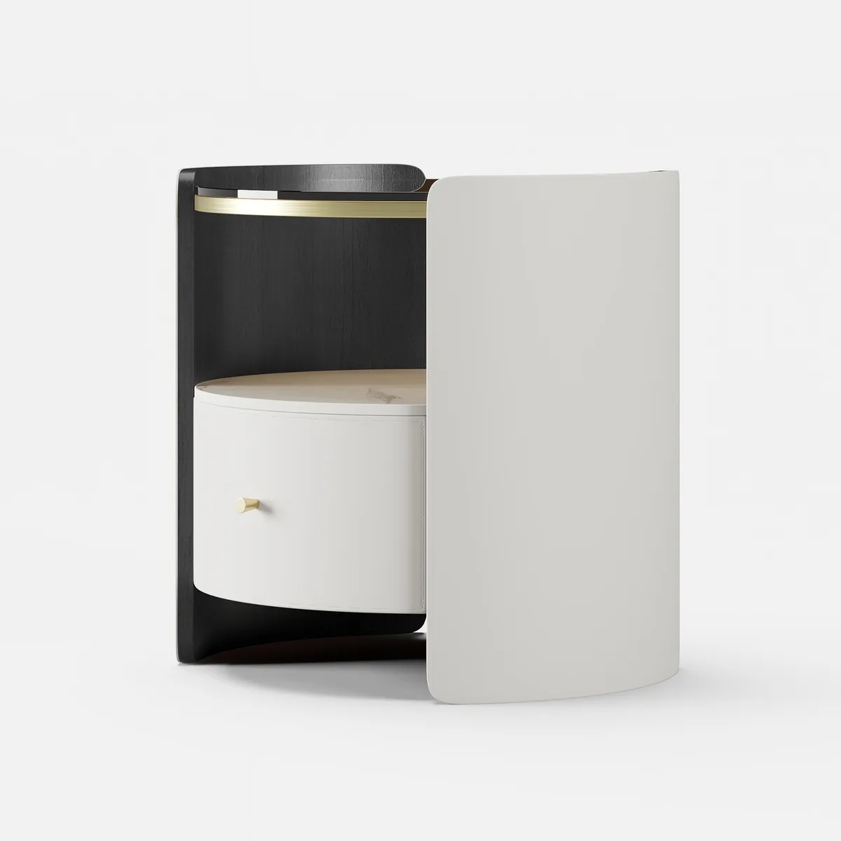 Modern Round Gray Leather Nightstand with Glass Top & Sintered Stone Bedside — image 19
