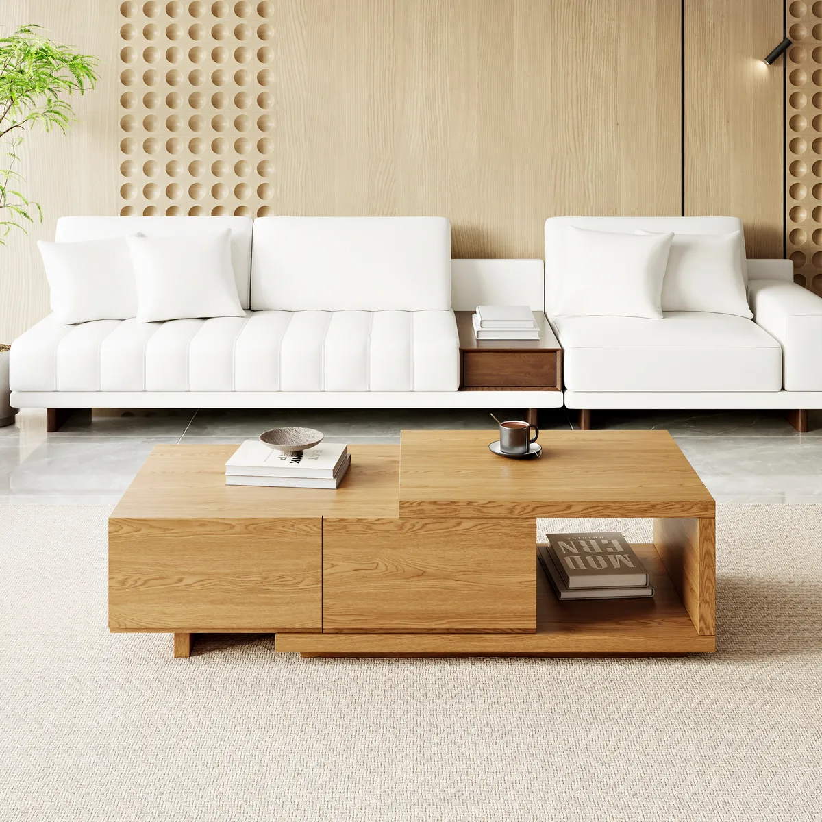 Quoint 68.9" Modern White Coffee Table Retracted & Extendable with 2-Drawer — image 14