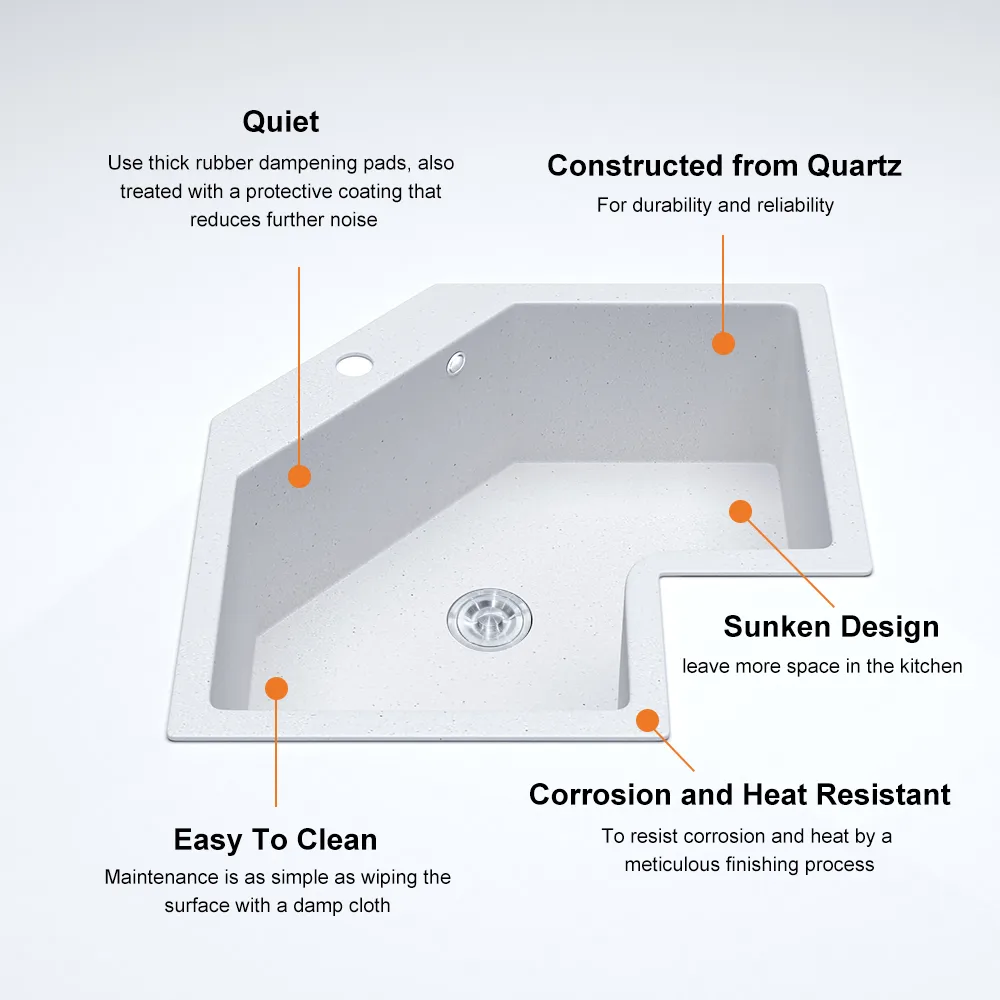 Drop In Corner Irregular Kitchen Sink White 25" Quartz — image 14