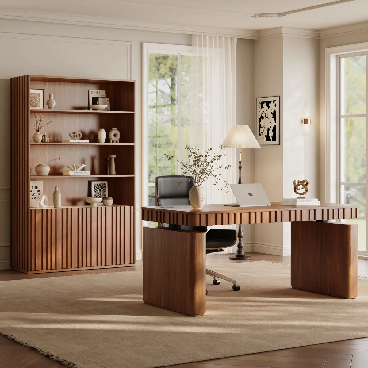 Aura 47” Ash Wood Fluted Walnut Bookcase With Sintered Stone Top — image 5