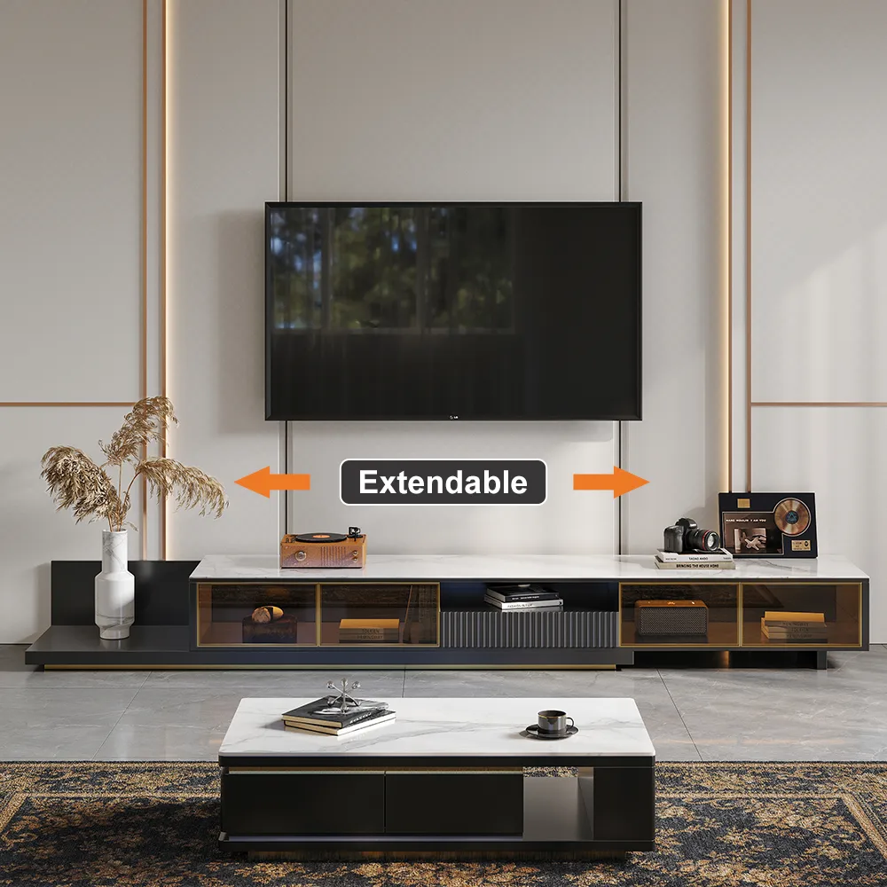 LED Light Extendable TV Stand Light Khaki Floor Media Console with Glass Door & Drawers — image 4