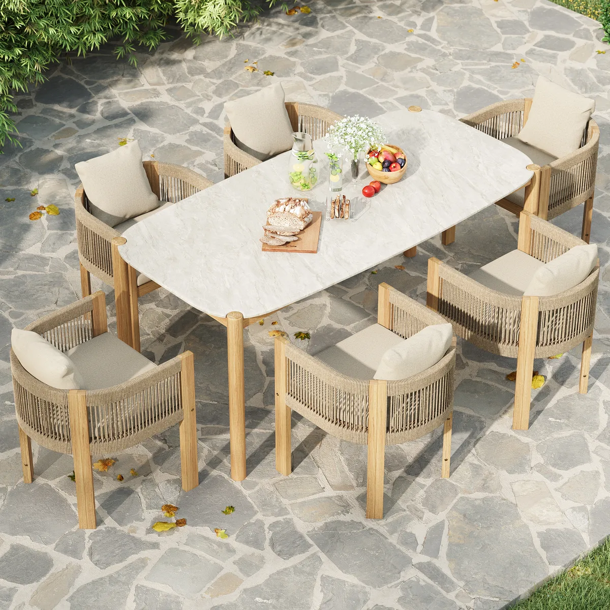 Boheva 7-Piece Outdoor Concrete & Teak Rope Weave Dining Set with 6 Chairs
