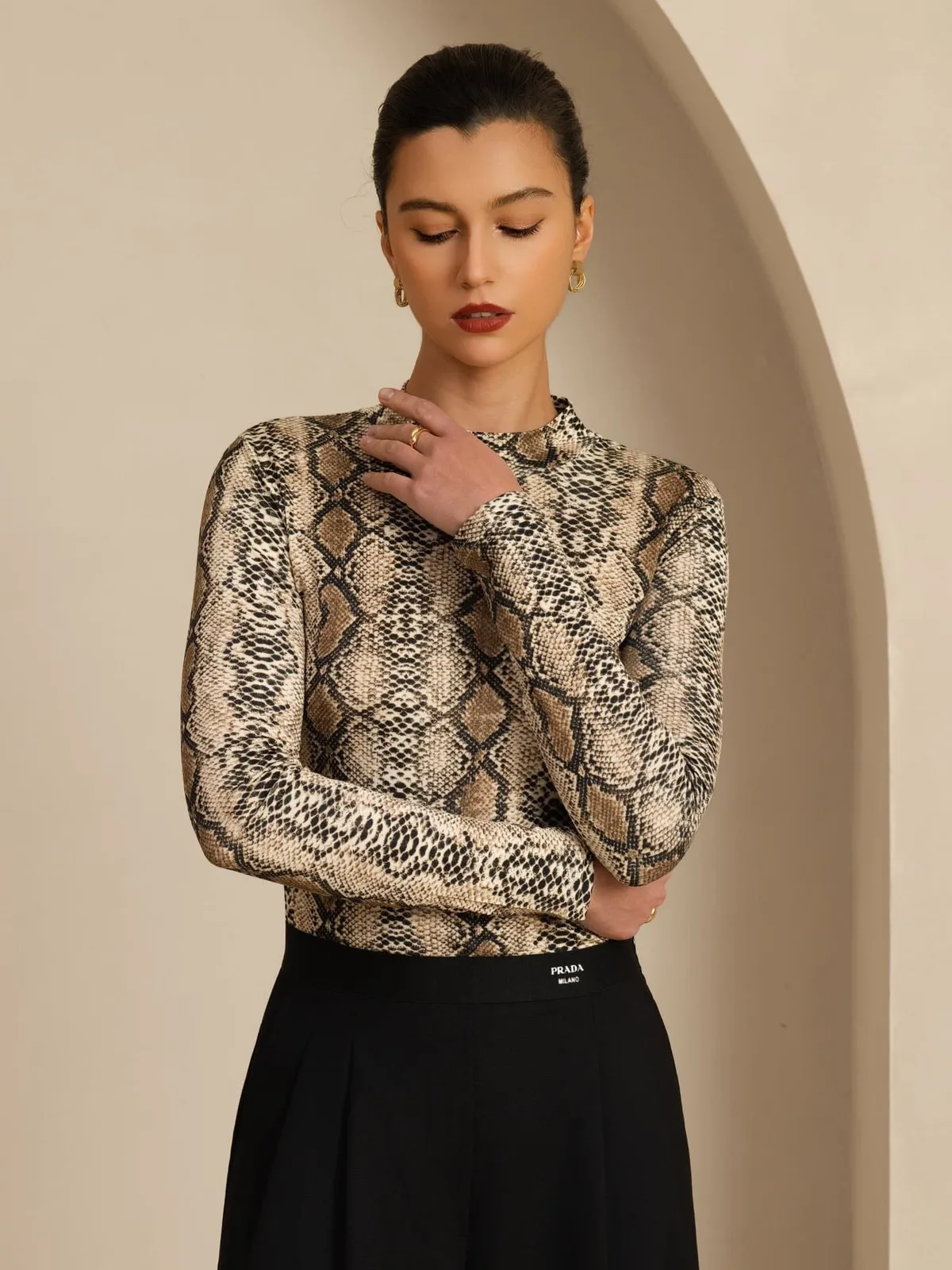 100% Mulberry Silk Wild Animal Print Women's Long Sleeve Mock Neck Top — image 5