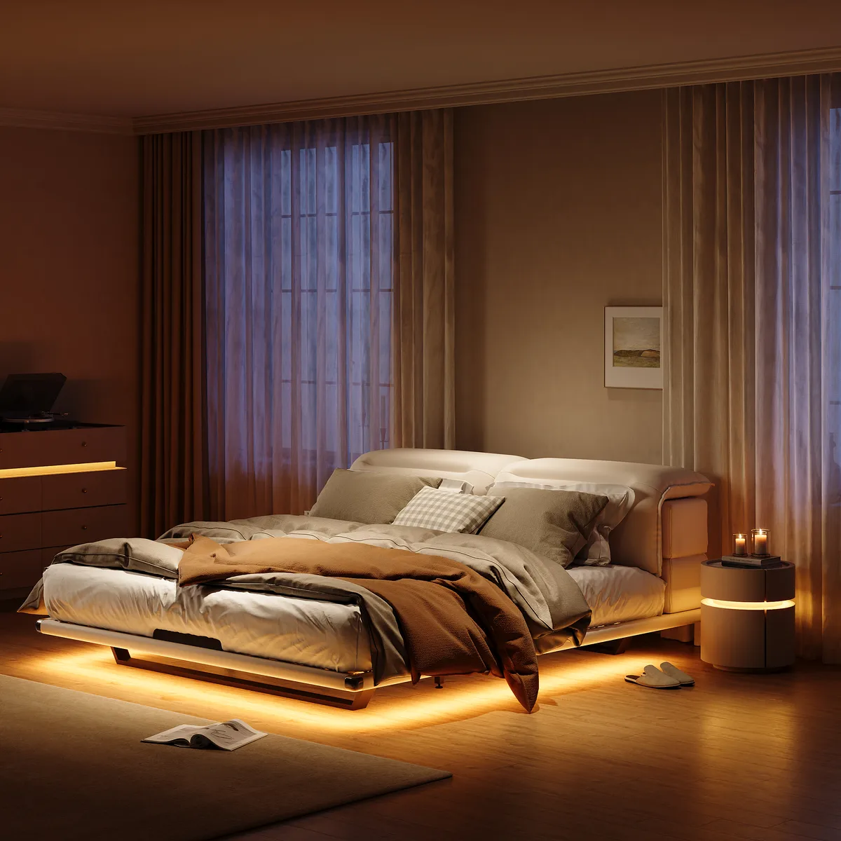 Modern King Size Floating Bed Frame with Light & Adjustable Headboard — image 4