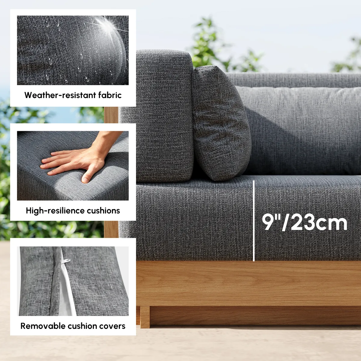 Grida 9-Piece Teak Luxury Modular L-Shaped Outdoor Patio Sectional Sofa Set in Gray with Coffee Table and Cushions — image 18