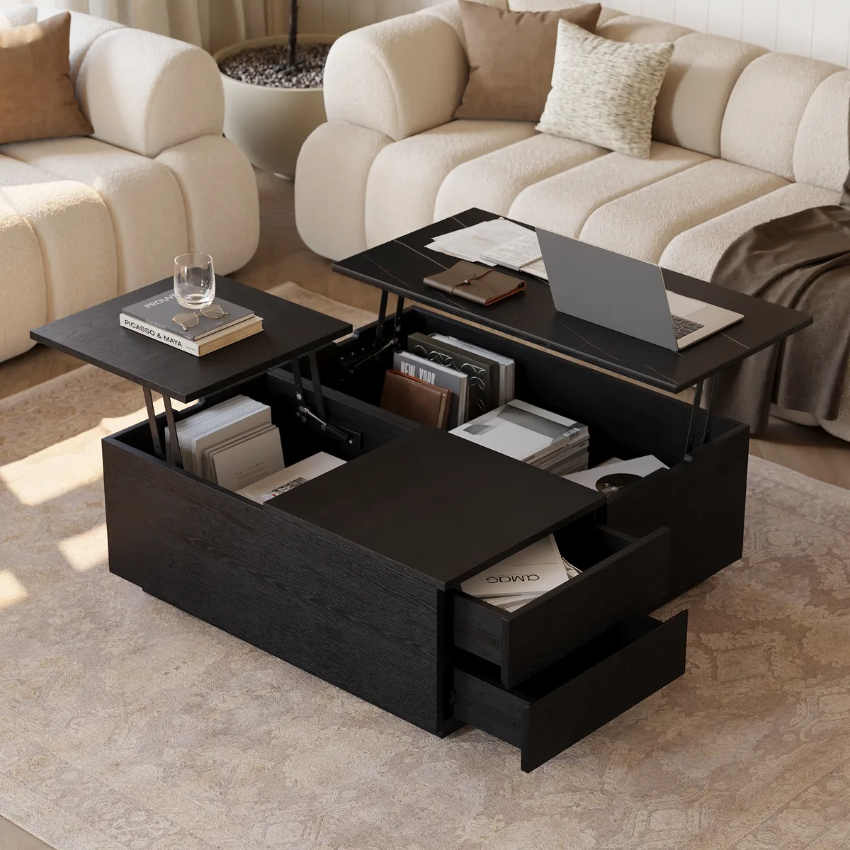 39" Square Lift-Top Wood Travertine Veneer Sintered Stone Top Coffee Table with Storage — image 2