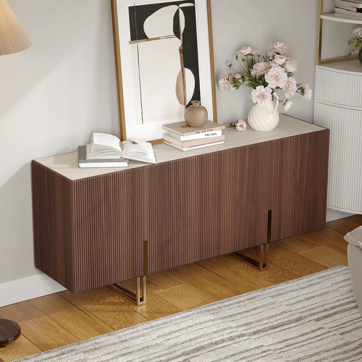 Grovyn 63" Buffet Sideboard Sintered Stone Top Black Fluted with Adjustable Shelves — image 24