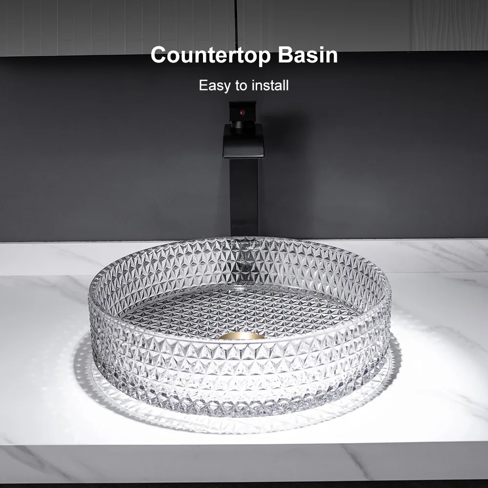 Vessel Transparent Diamond Shaped Crystal Glass Bathroom Wash Sink — image 27