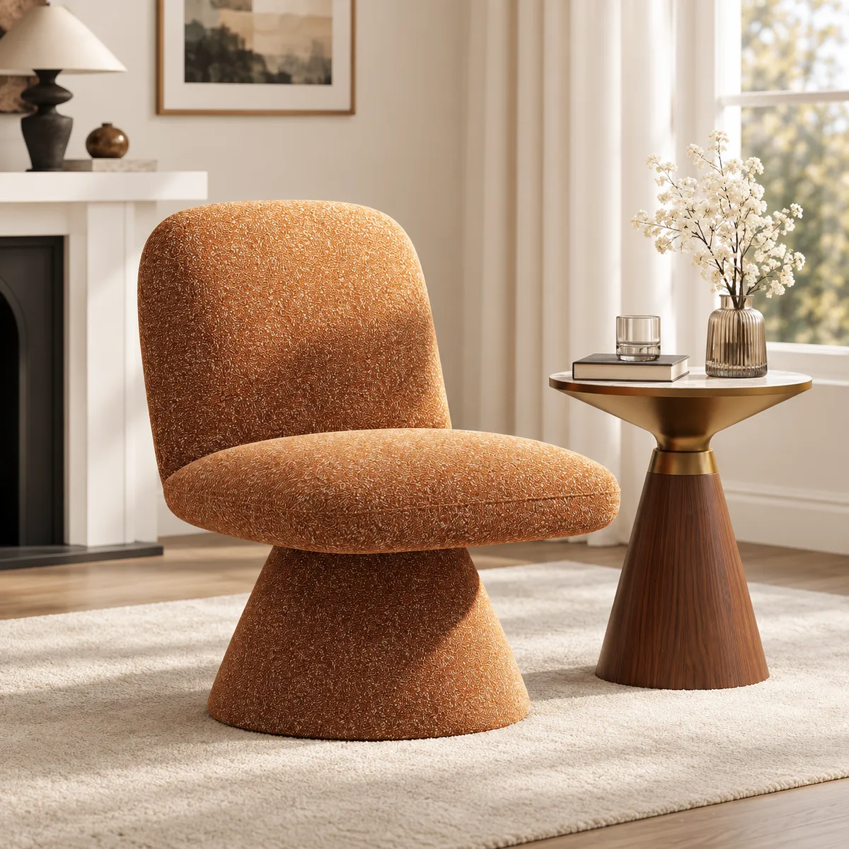18" Modern Orange Boucle Swivel Accent Chair Sculptural L-Shaped Slipper Lounge Chair — image 12