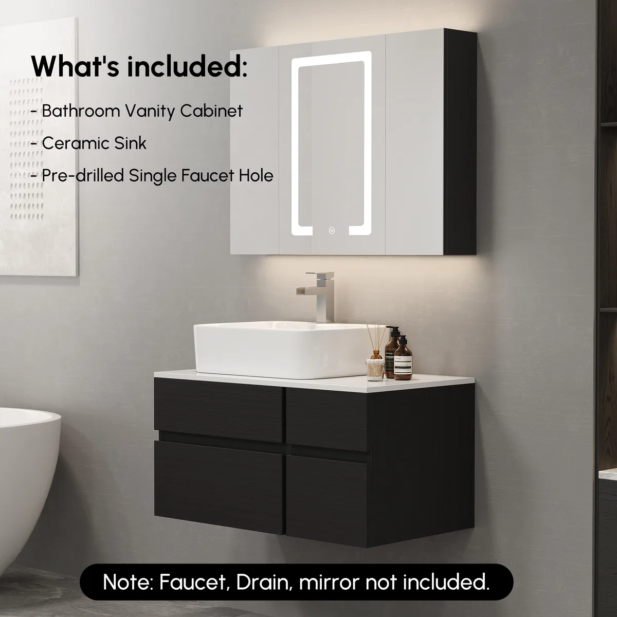 31.5" Walnut Floating Bathroom Vanity Left Offset Ceramic Vessel Sink — image 10