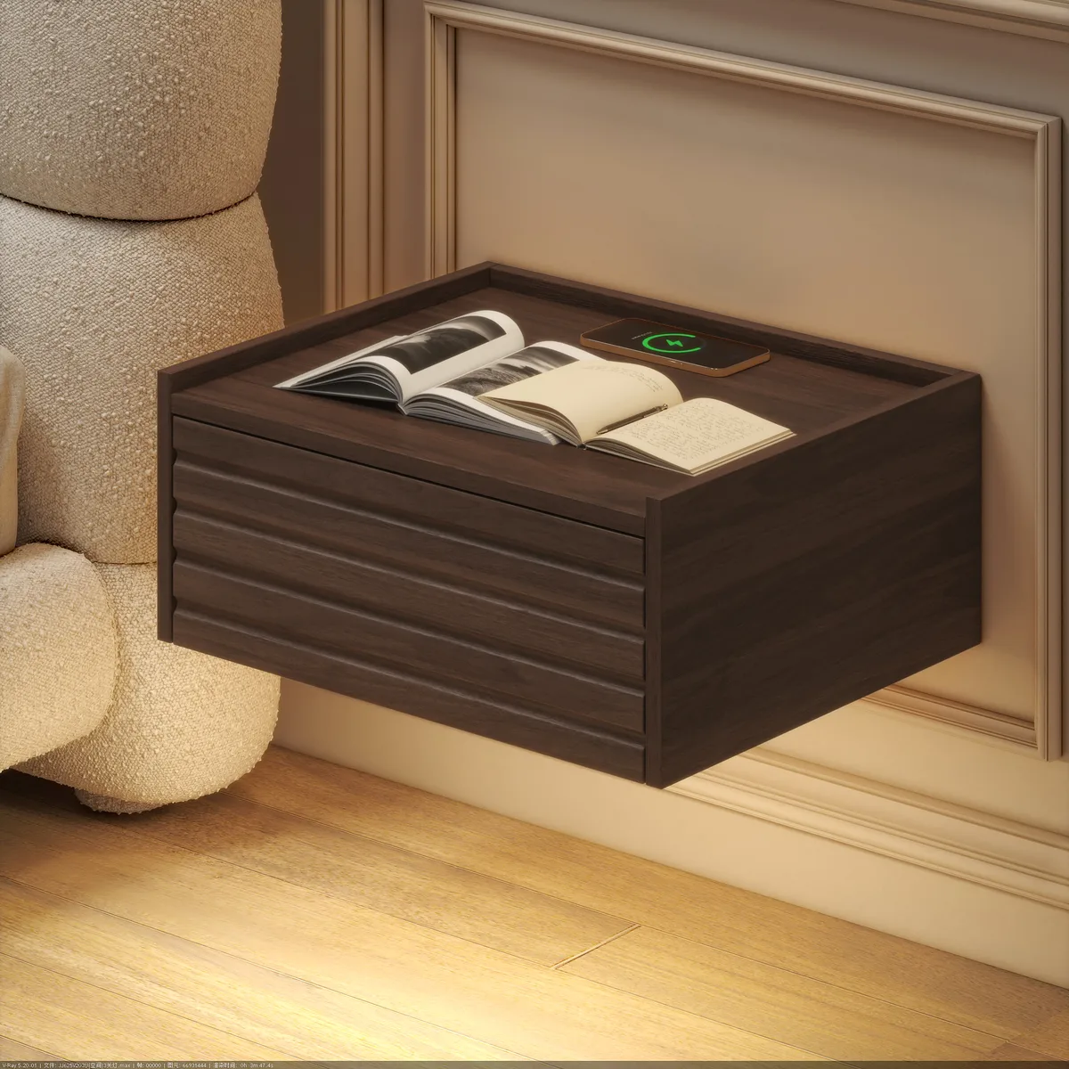 Wooden Floating Nightstand Modern Bedside Table with Charging Station — image 11