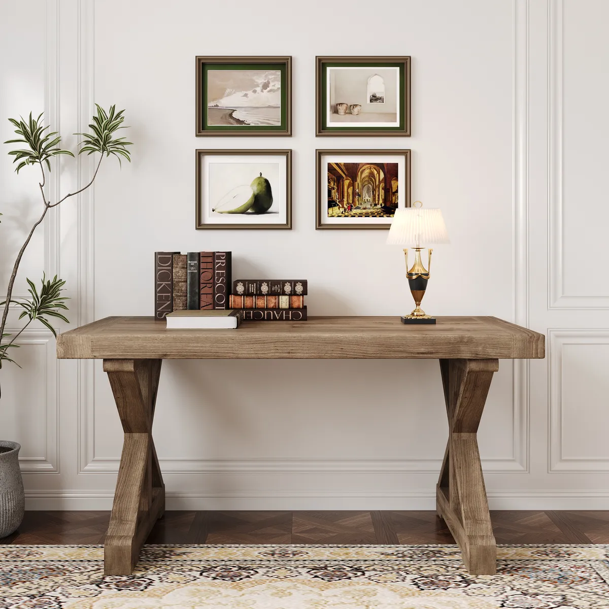 Vintage Style Pine wood Office Writing Desk with Trestle Leg in Natural Farmhouse Home Office Furniture Rectangular — image 3