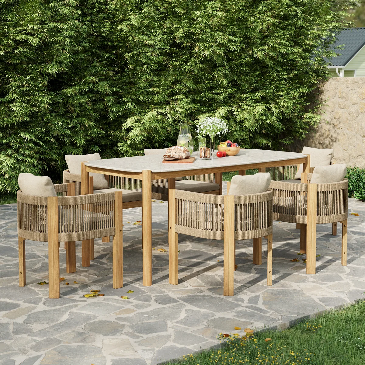 Boheva 7-Piece Outdoor Concrete & Teak Rope Weave Dining Set with 6 Chairs — image 3