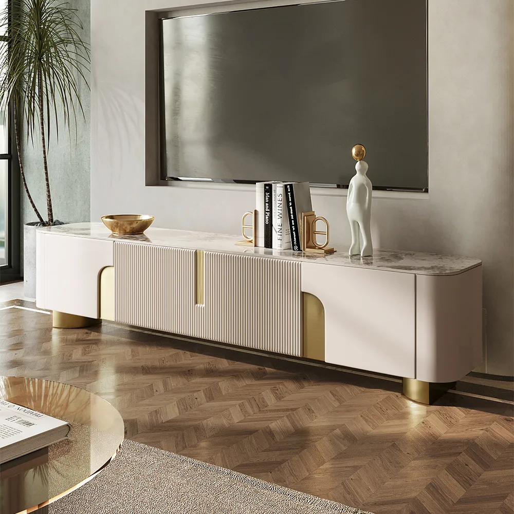 Living Room Cabinet Set Stone Top Beige & Gold TV Stand & Beige Rectangle Large Coffee Table Set — image 5