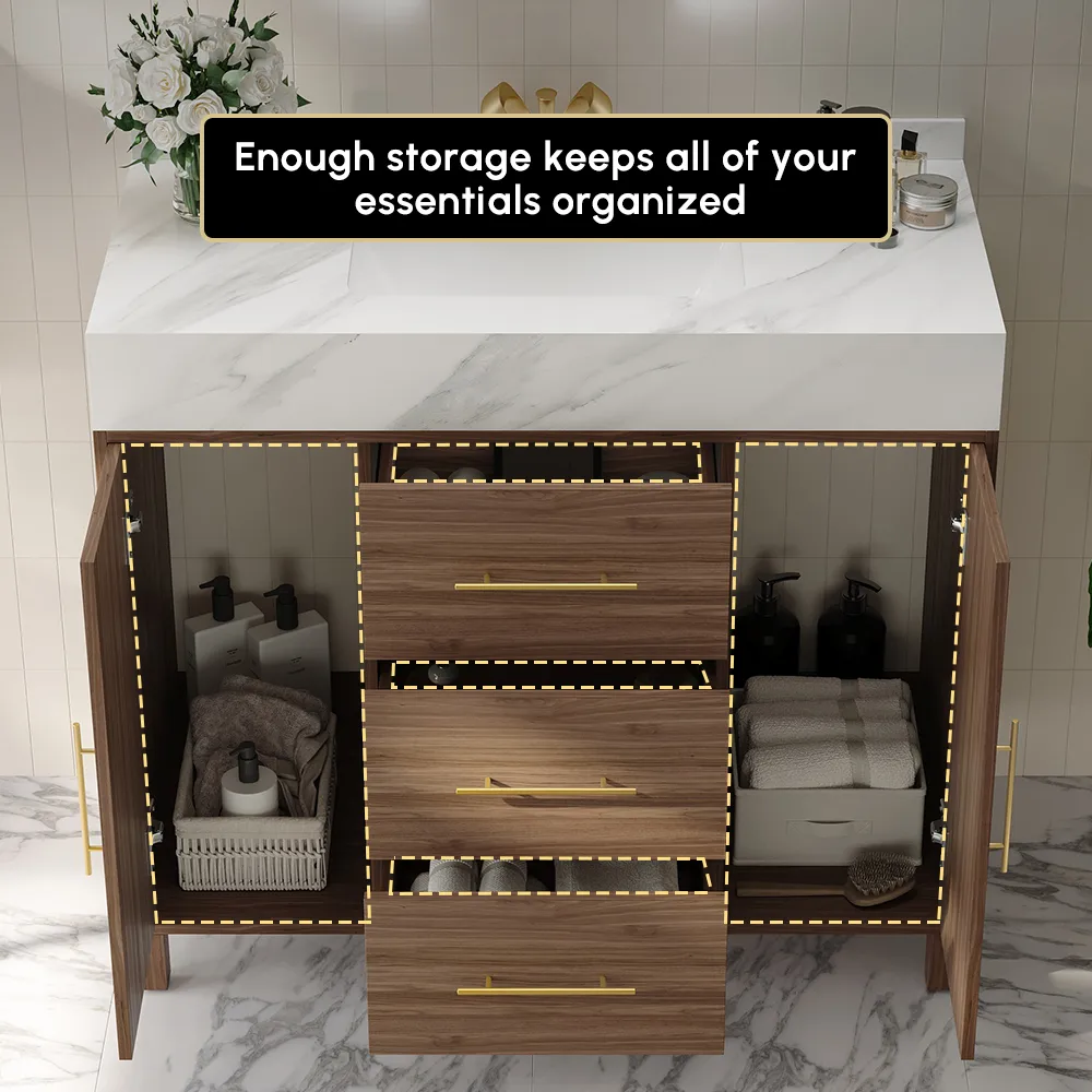 39" Walnut Freestanding Bathroom Vanity Sintered Stone Top & Silver Handles — image 5