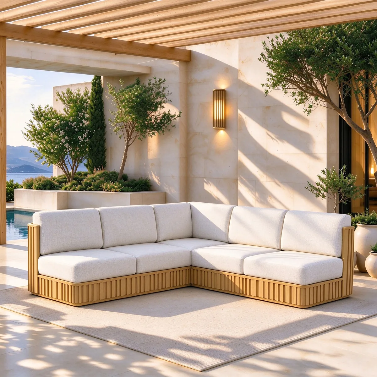 Flutera Fluted Aluminum Boucle Outdoor Conversation Sofa Set