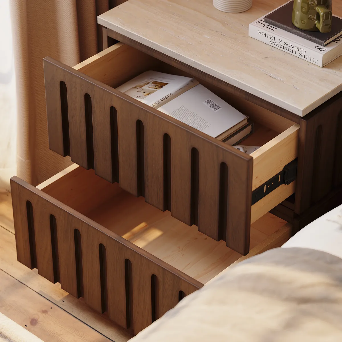 Modern Ash Wood 2-Drawer Nightstand with Faux Travertine Top — image 7