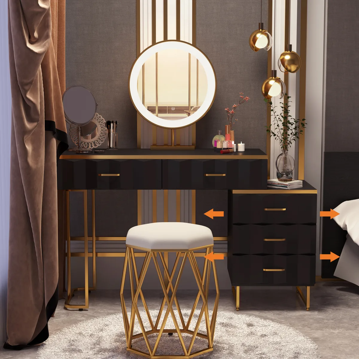 Modern White Extendable Makeup Vanity 5 Drawers Dressing Table Set with Stool and Mirror — image 5