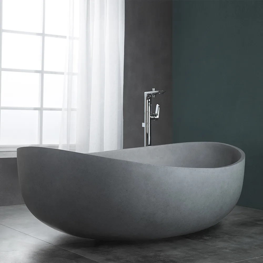 63" Industrial Concrete Soaking Bathtub Oval Cement Freestanding Bathtub