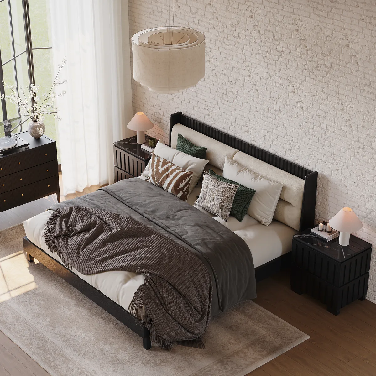 Modern Black Queen Size Solid Wood Bed with Boucle Headboard Pillows — image 8