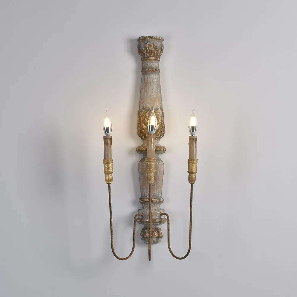 French Country 3-Light Wood Candle Wall Sconce Distressed Carved Design — image 5