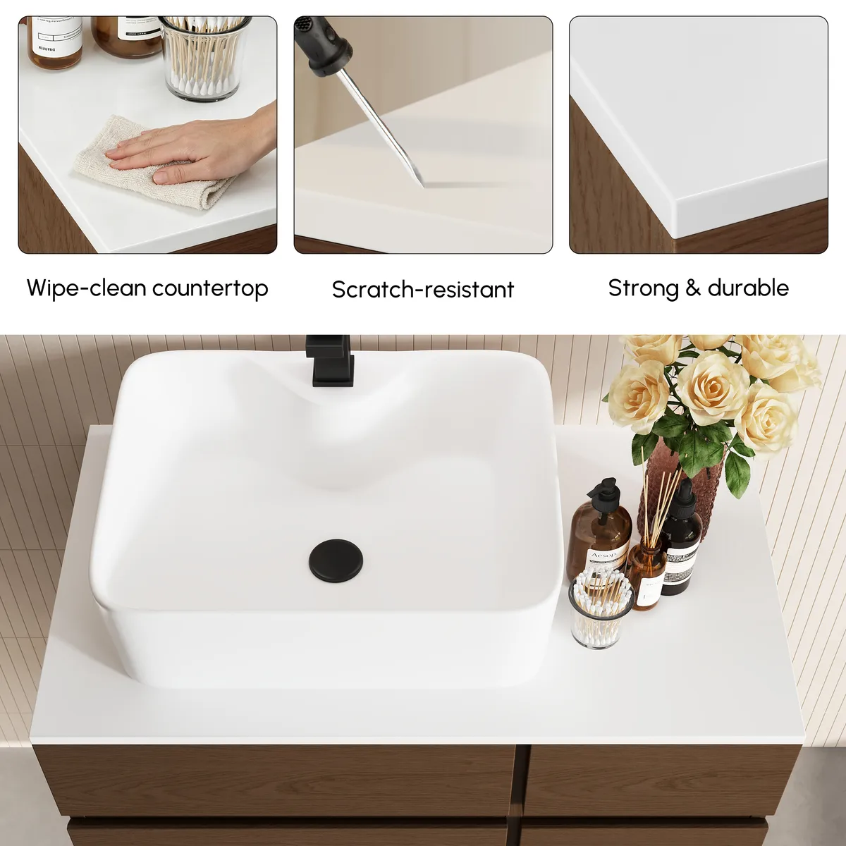 31.5" Walnut Floating Bathroom Vanity Left Offset Ceramic Vessel Sink — image 26
