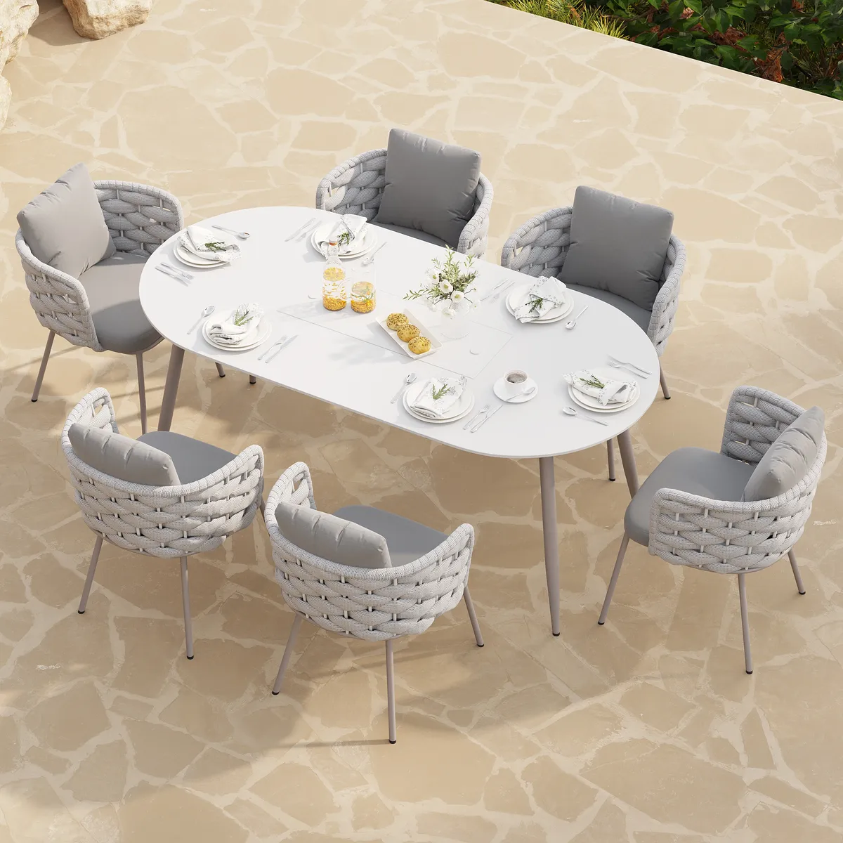 7 PCS Outdoor Propane Fire Pit Table & Rope Woven Armchair Oval Outdoor Dining Set Modern Yard & Ptio Furniture for 6 Person — image 3