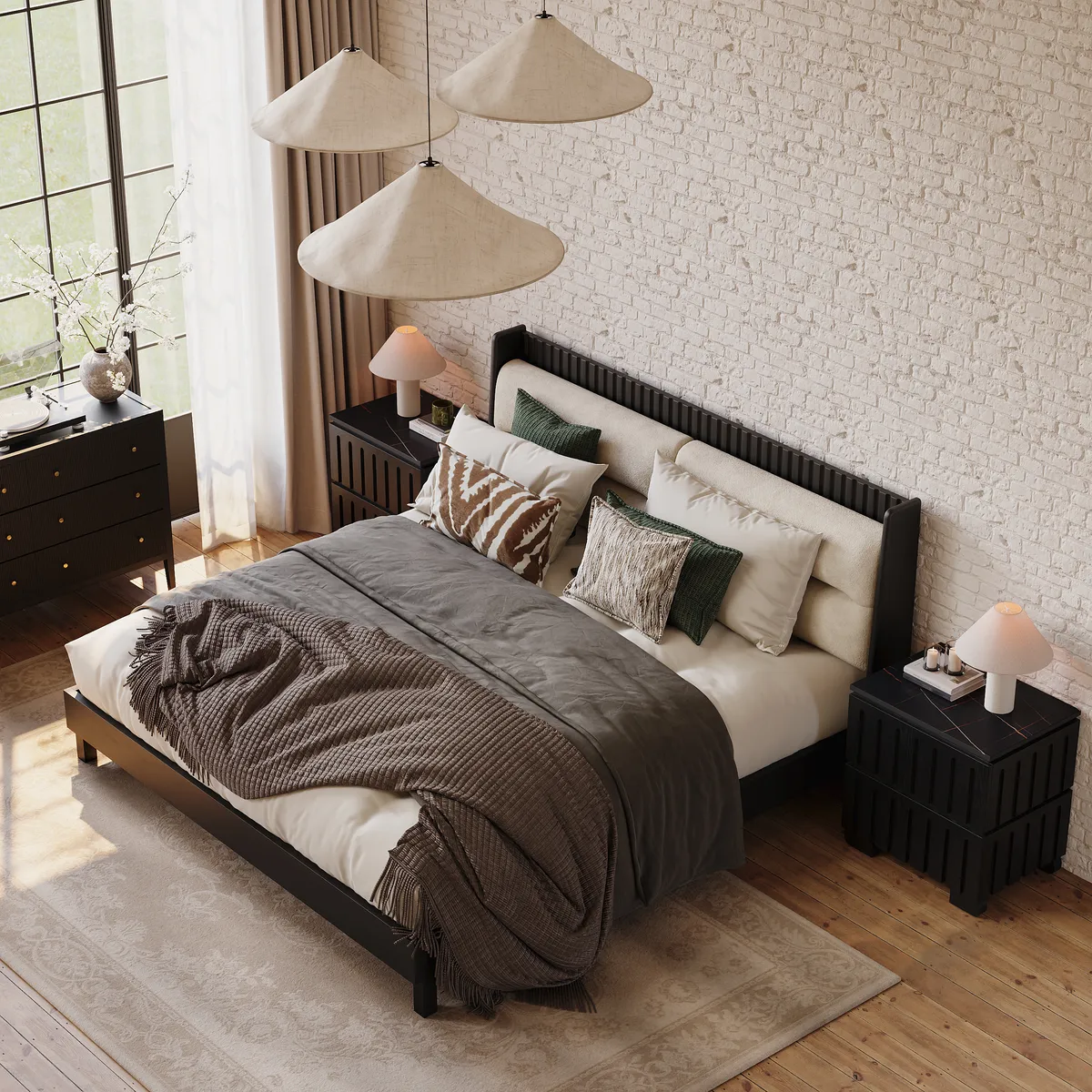 Modern Solid Wood King Upholstered Bed & 2 Drawer Ash Wood Nightstand Set with with Faux Travertine Top — image 12