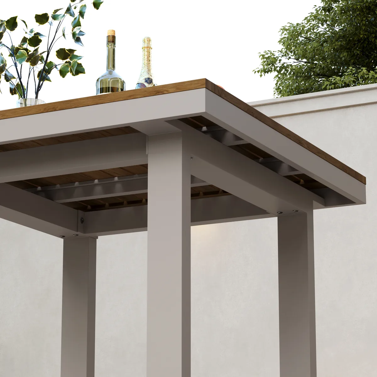 Tevara Outdoor Teak Wood Slat Top & Sand Aluminum Frame Bar Table for Patio — image 19